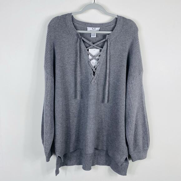 Magaschoni Plus Size 1X Lace Up Pullover Sweater Gray - Picture 1 of 4